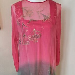 Zandra Rhodes Silk Pink and Green Sheer Tunic Over Tailored Slip Dress